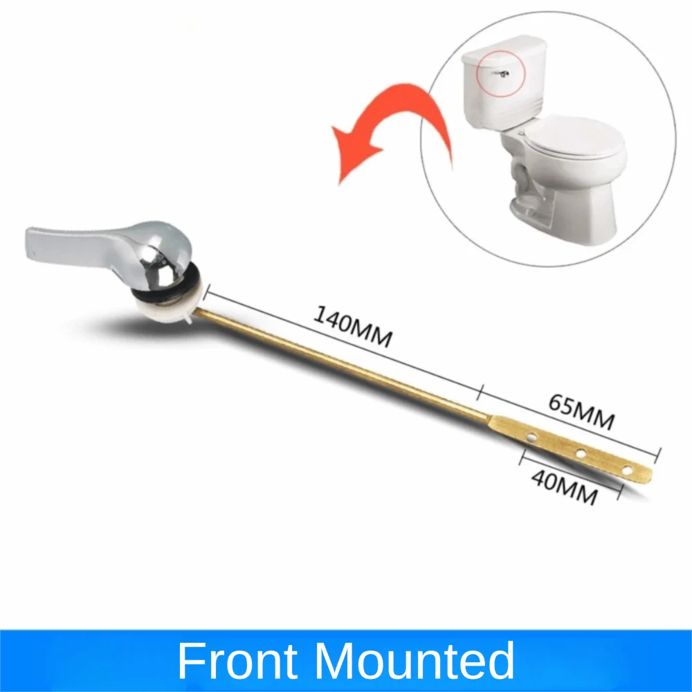 Front mounted brass toilet tank flush lever with side mount design