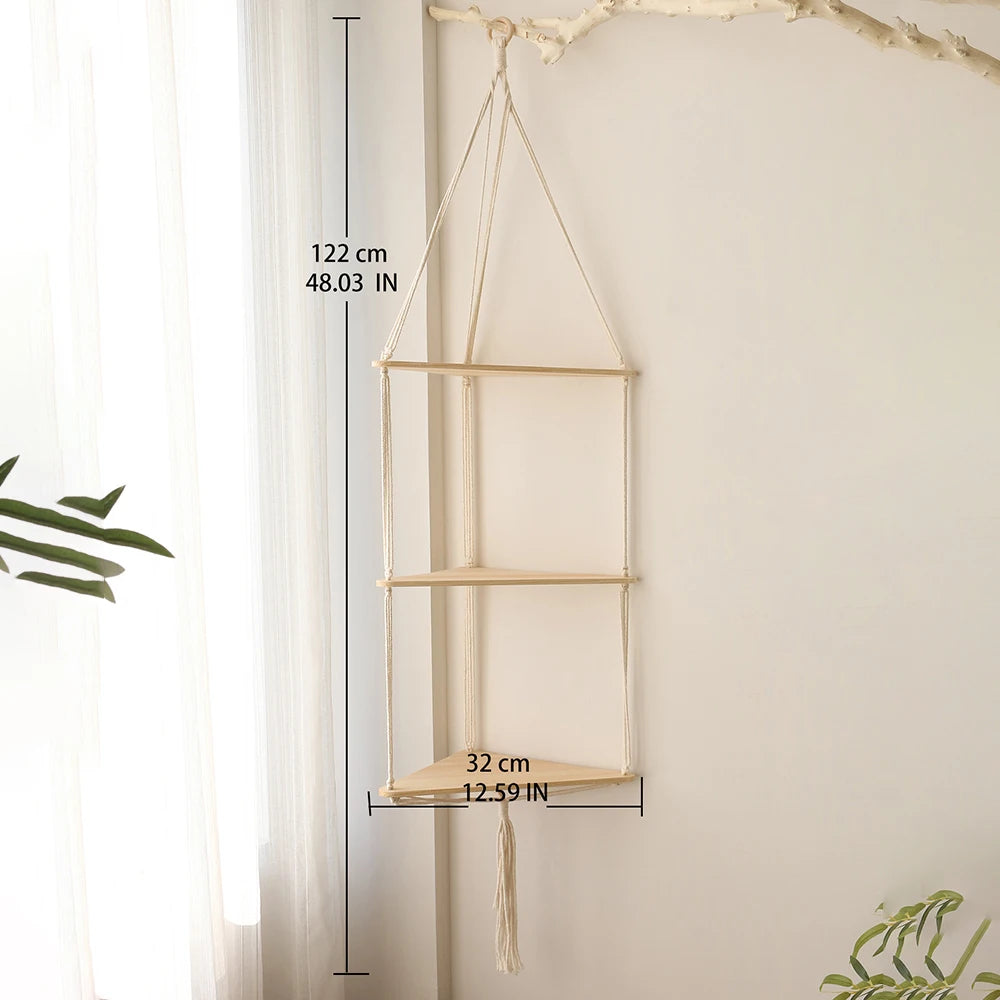 Triangle Wood Floating Wall Shelf with Macrame Rope