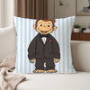 A cartoon illustration of Curious George in a suit wearing a bowtie on a striped pillowcase cover.