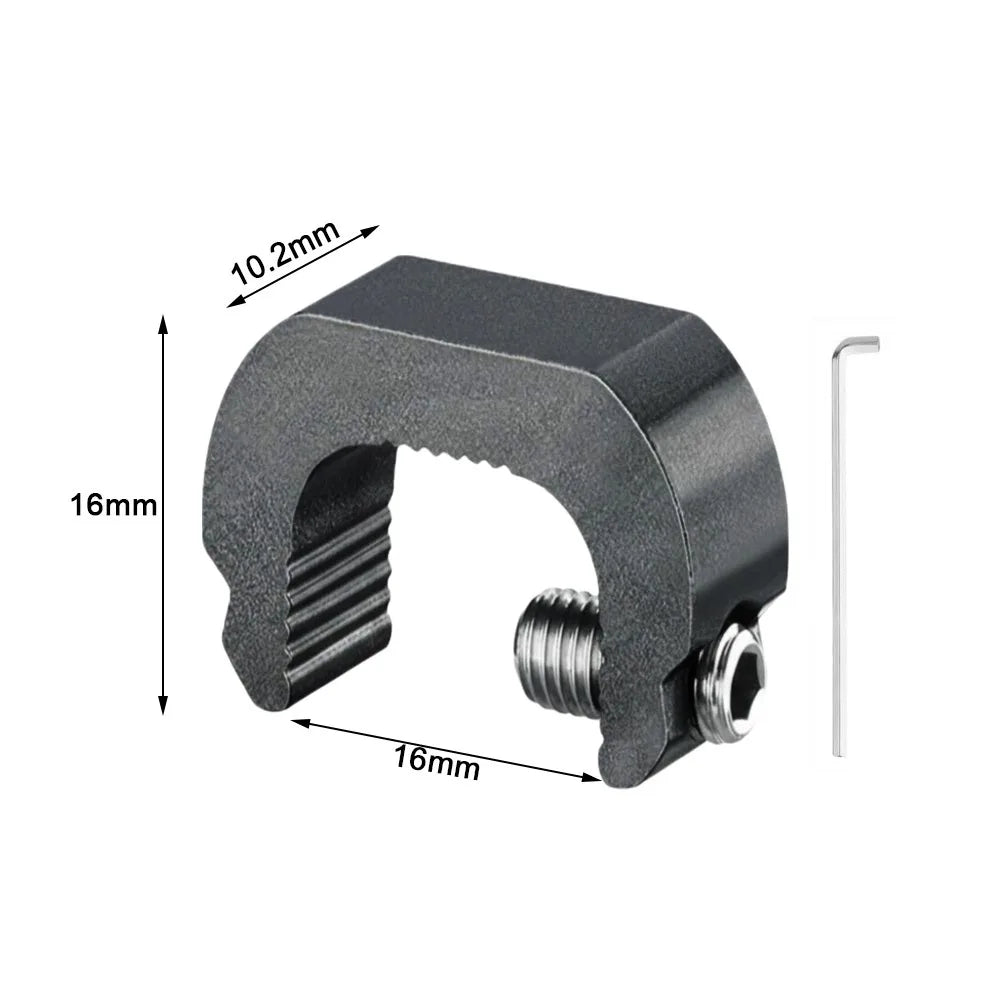 A black adjustable aluminum sliding window lock stopper with dimensions 10.2mm and 16mm.