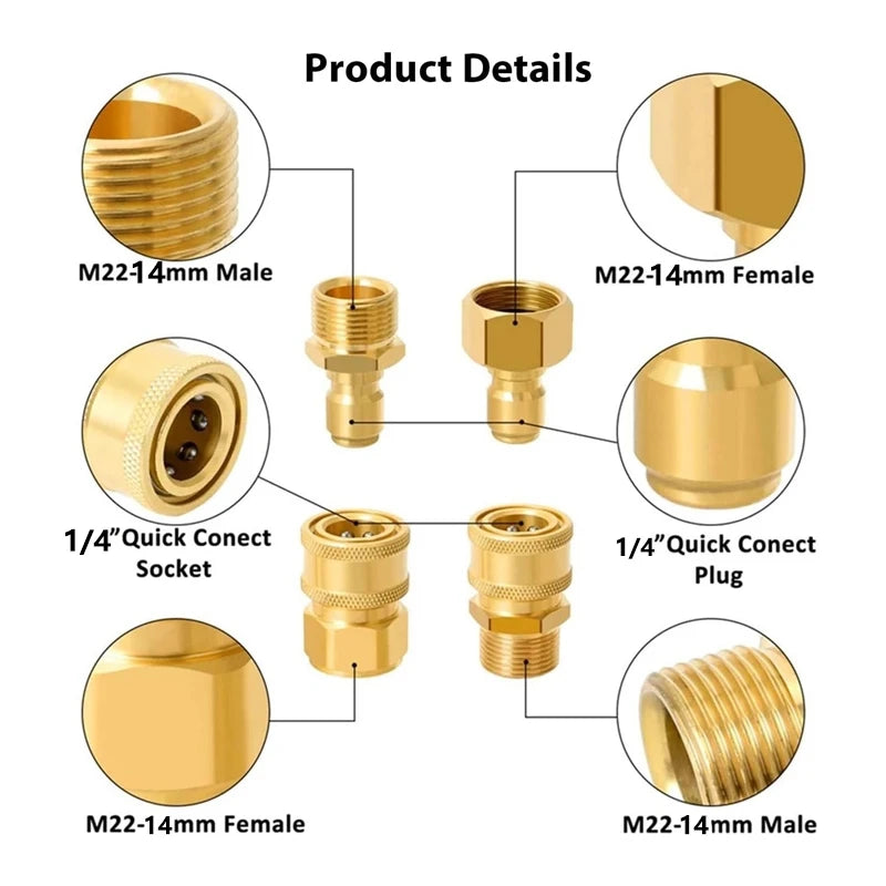 A collection of brass pressure washer adapters including M22 male and female fittings and 1/4 inch quick connect sockets and 