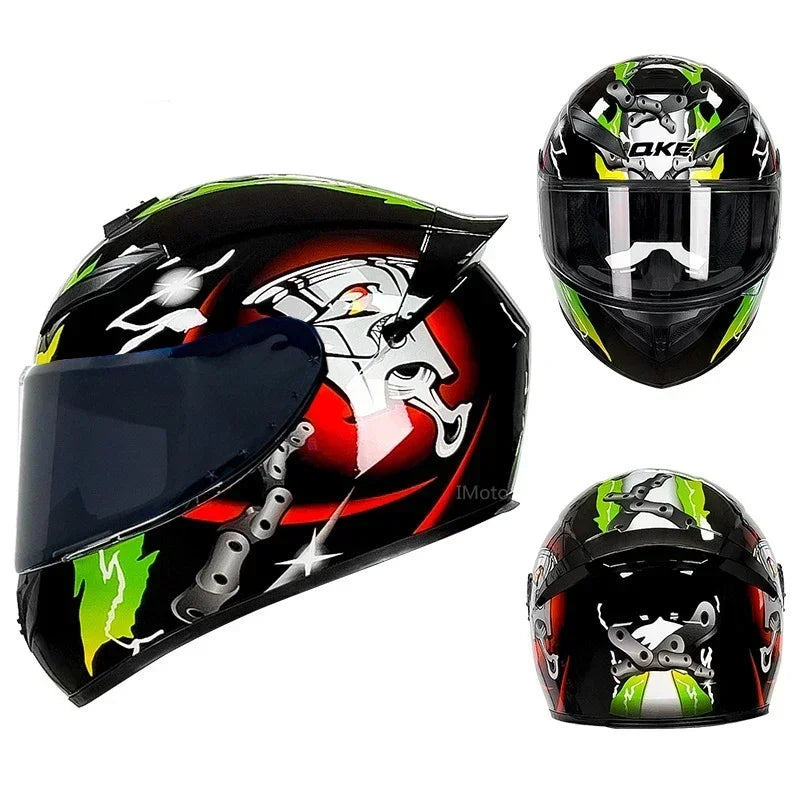 A black full face motorcycle helmet with a green and white graphic design shown from multiple angles.