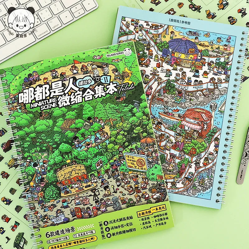 A colorful sticker book featuring miniature scenes and craft elements for building dioramas.