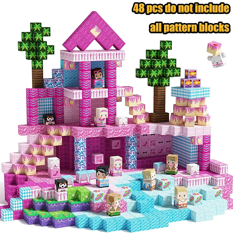 Groteset rosa und blau magnetische Bausteine in Form von Häusern und Bäumen für Kinder