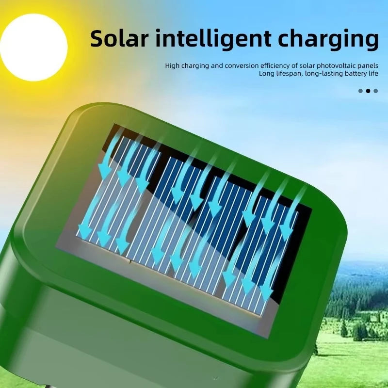 A green solar panel device is shown with blue electrical currents flowing across its surface, illustrating solar intelligent 
