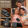 A black magnetic wallet phone case with card slots and kickstand shown in various angles and used by a man and a woman.