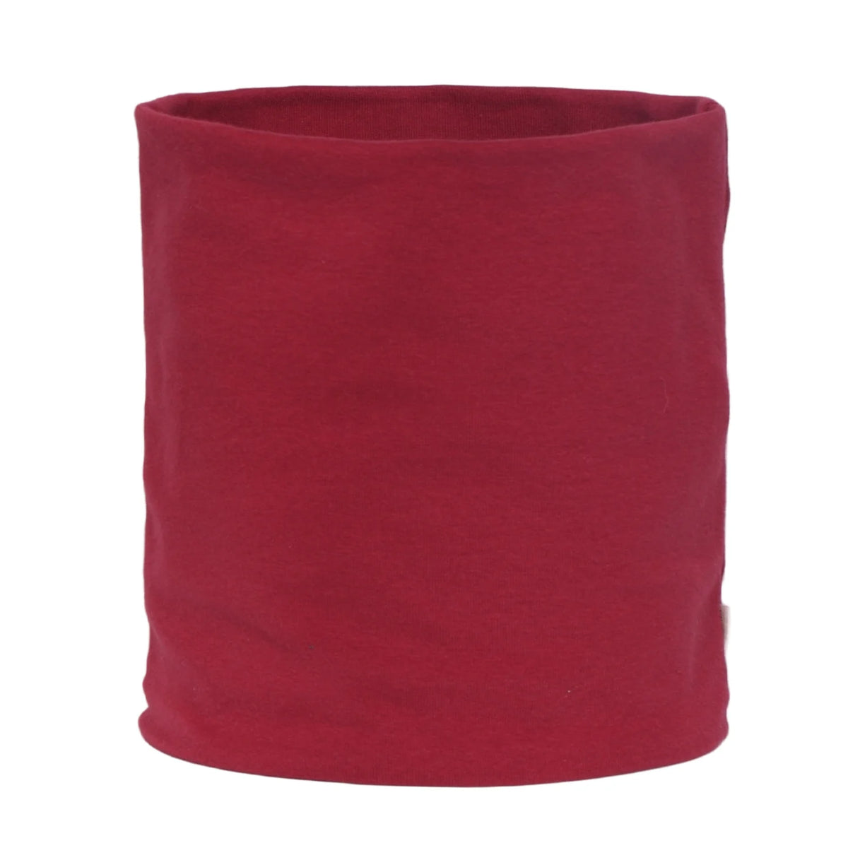 A solid maroon neck warmer or scarf made of a cozy cotton blend fabric.