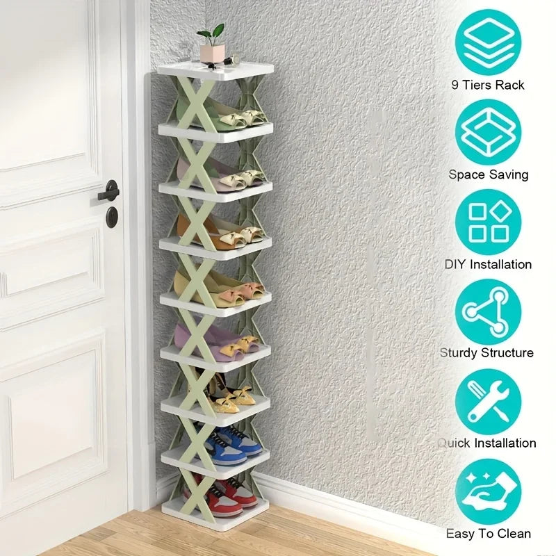 A white, 9-tier vertical shoe rack with light green wood shelves mounted on a wall.