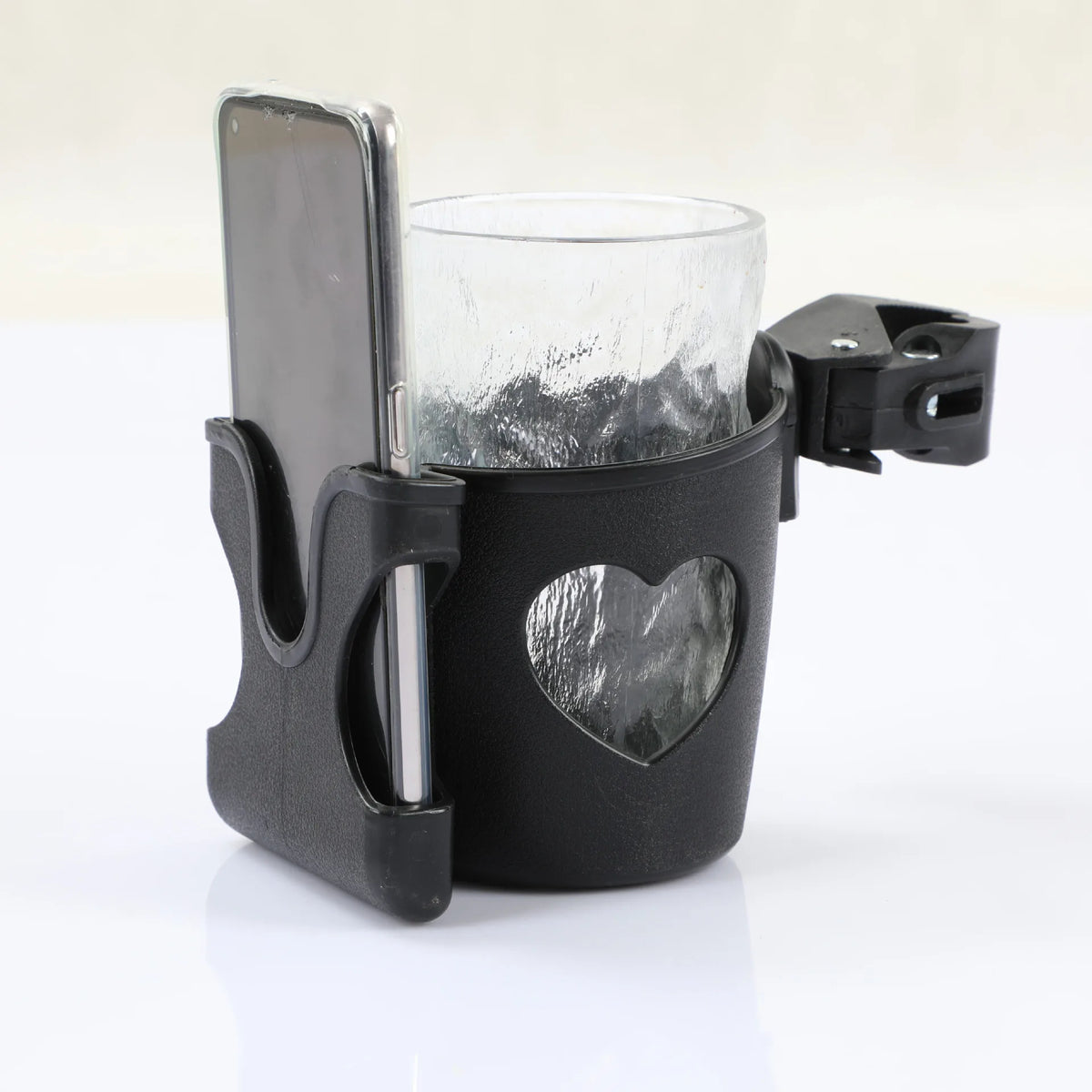 A black silicone cup holder and phone mount designed for strollers or carriers.