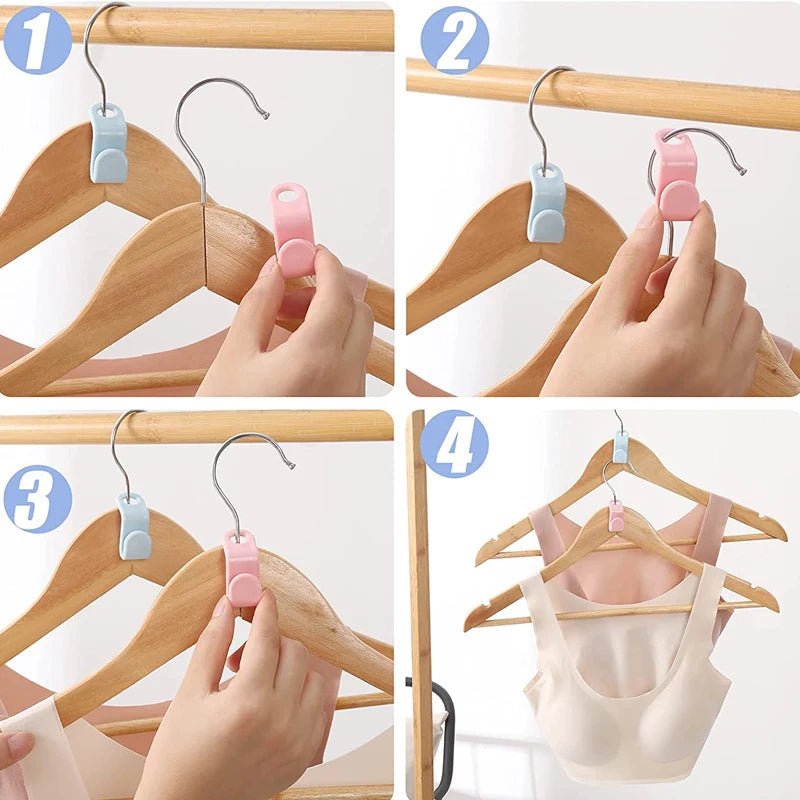 Hands demonstrate the use of cascading clothes hanger connector hooks for space-saving wardrobe organization on a wooden hang