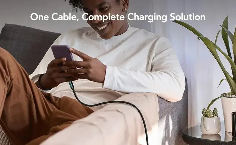 A person is using a multi USB-C cable to charge a smartphone, demonstrating a complete charging solution.