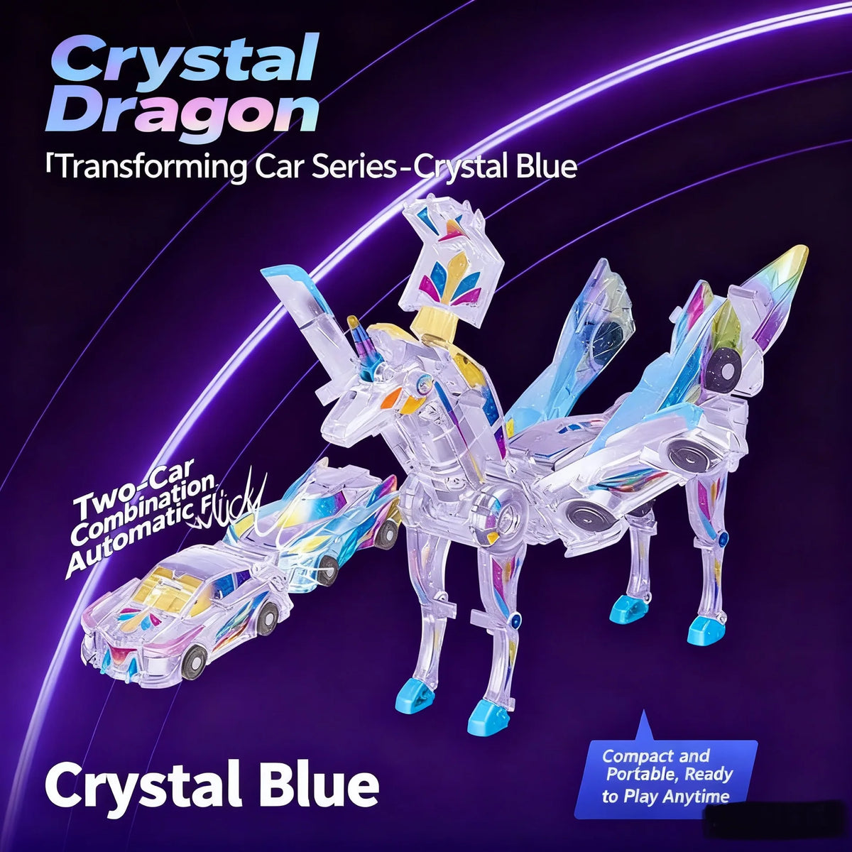 Crystal Dragon transforming car toy in Crystal Blue featuring a vehicle and dinosaur form