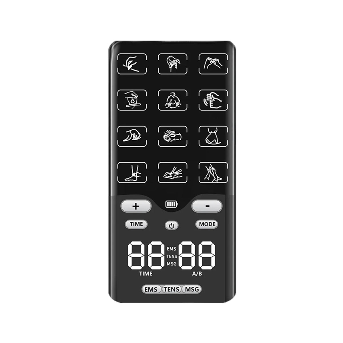A black portable TENS and EMS muscle stimulator device with various function buttons.