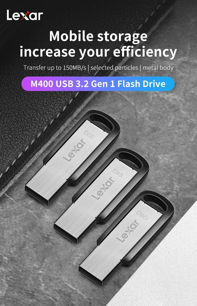 Three Lexar M400 USB 3.2 Gen 1 flash drives are shown against a dark background.