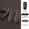 A brown leather car key case cover with a five-button remote and a bracelet clasp shown next to the key.