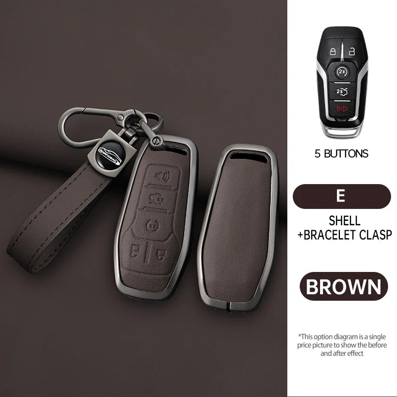 A brown leather car key case cover with a five-button remote and a bracelet clasp shown next to the key.