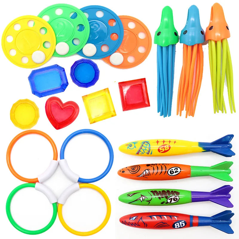 A collection of pool dive and grab play toys including various colored plastic items and fish-shaped tools for children.