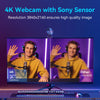 كاميرا ويب بدقة 4K بحساس سوني تظهر على شاشة حاسوب لرجل يرتدي سترة صفراء.