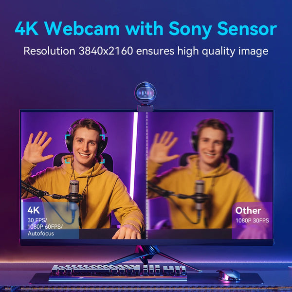 4K-Webcam mit Sony-Sensor auf einem Computerbildschirm, zeigt einen Mann in gelbem Hoodie.