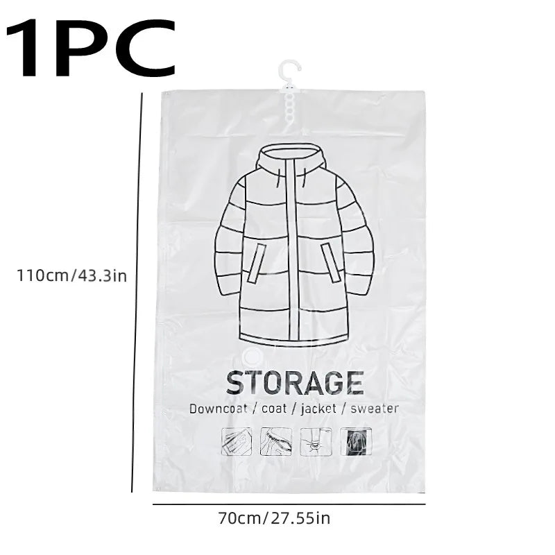A white hanging vacuum storage bag containing a folded jacket or coat.