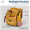 A tan tool pouch with multiple pockets is shown, designed for easy storage and access to small tools.