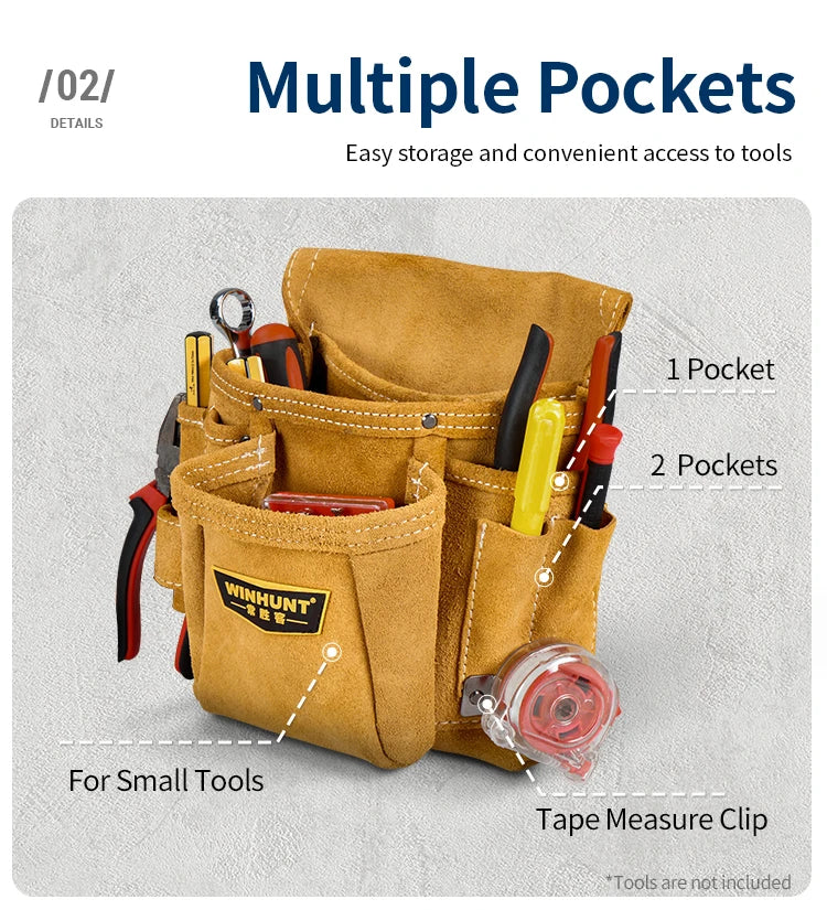 A tan tool pouch with multiple pockets is shown, designed for easy storage and access to small tools.