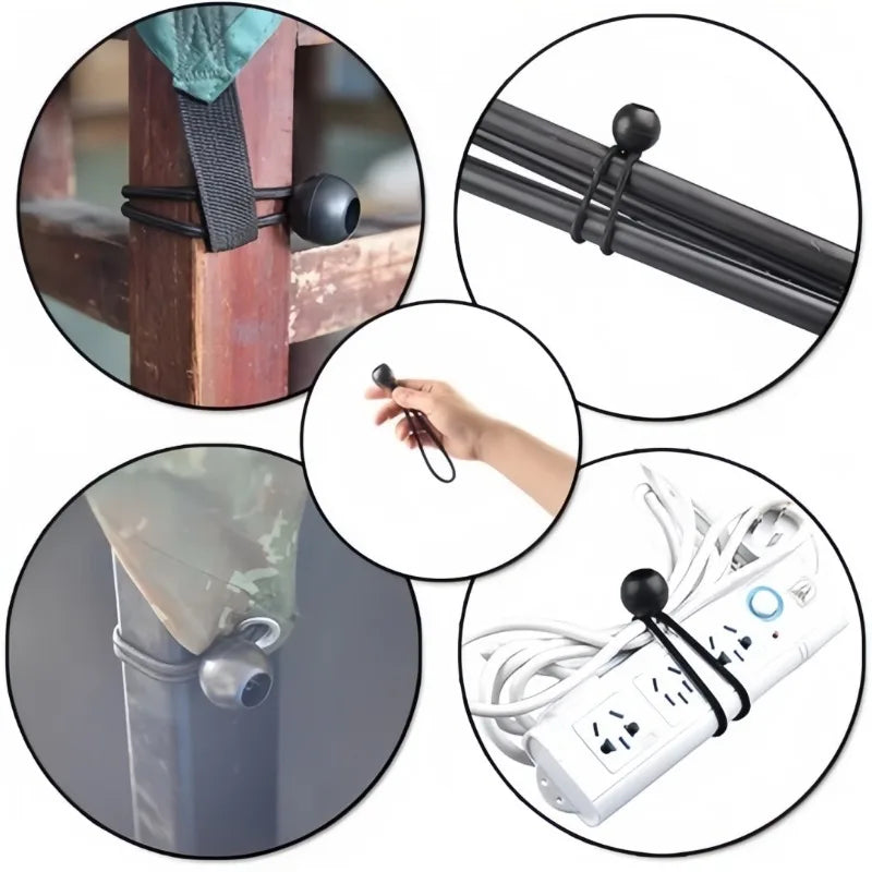 Various views of elastic tent tie-down ropes and plastic buckles used for securing tents.