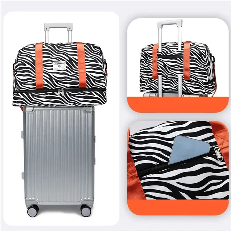 A black and white animal print duffle bag with orange straps and a silver suitcase visible in various views.