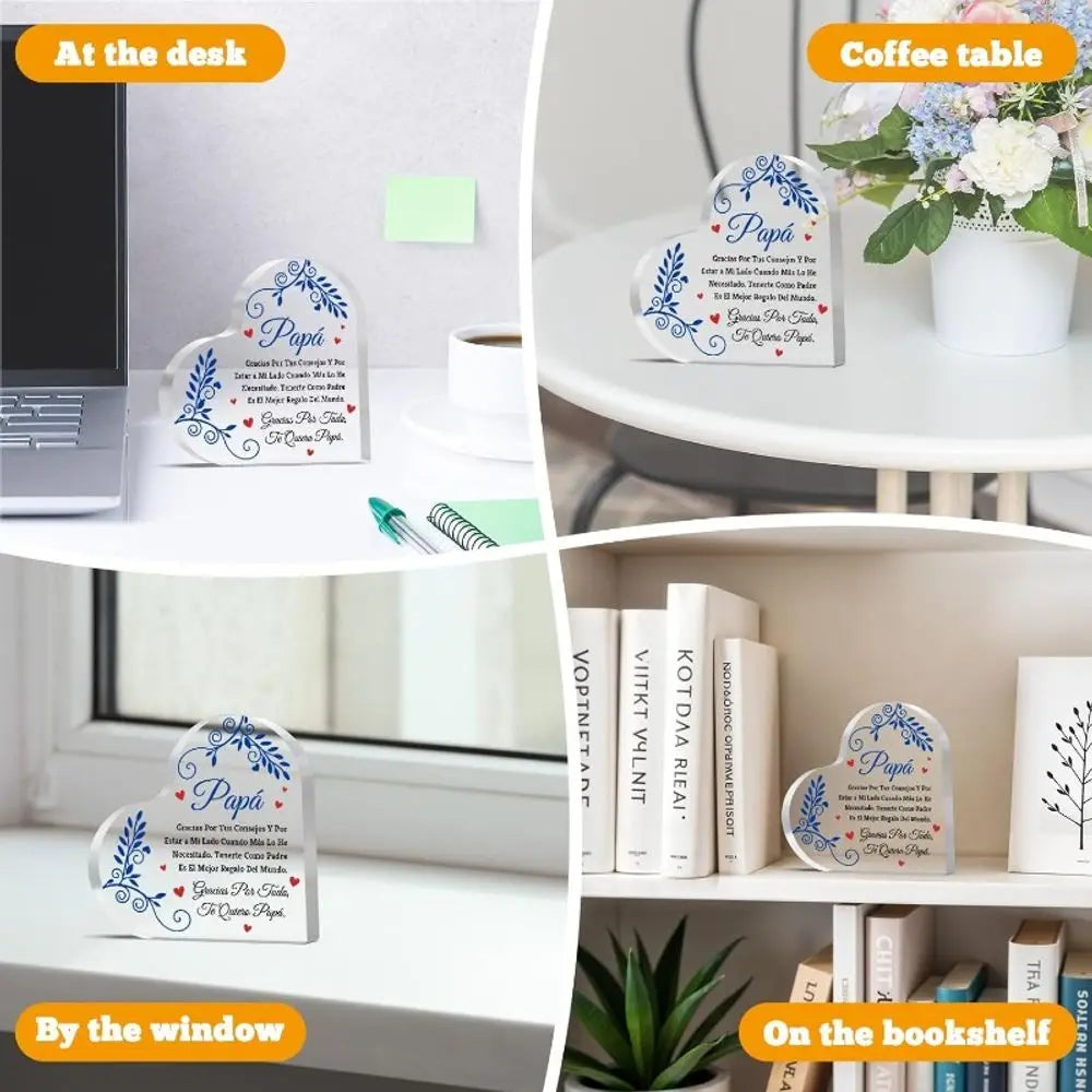 Acrylherzplakette für Papa auf Schreibtisch und Regal mit Dekorationen