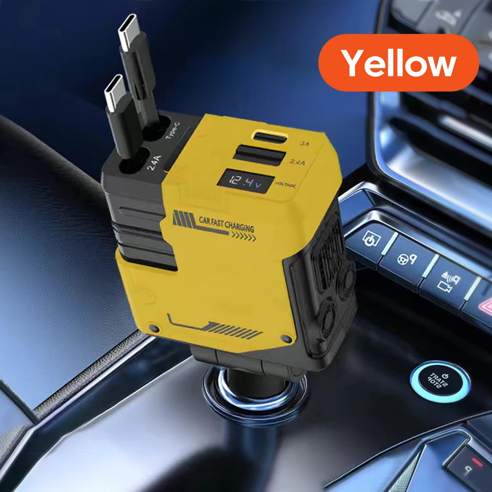 Yellow car fast charging adapter with USB and USB-C ports installed in a vehicle dashboard.