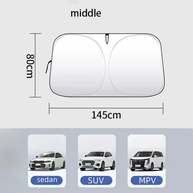 A diagram showing the dimensions of a foldable car windshield sunshade, with options for sedan, SUV, and MPV models.