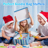 Two children are holding a box of colorful party favors and stuffed items for a goodie bag