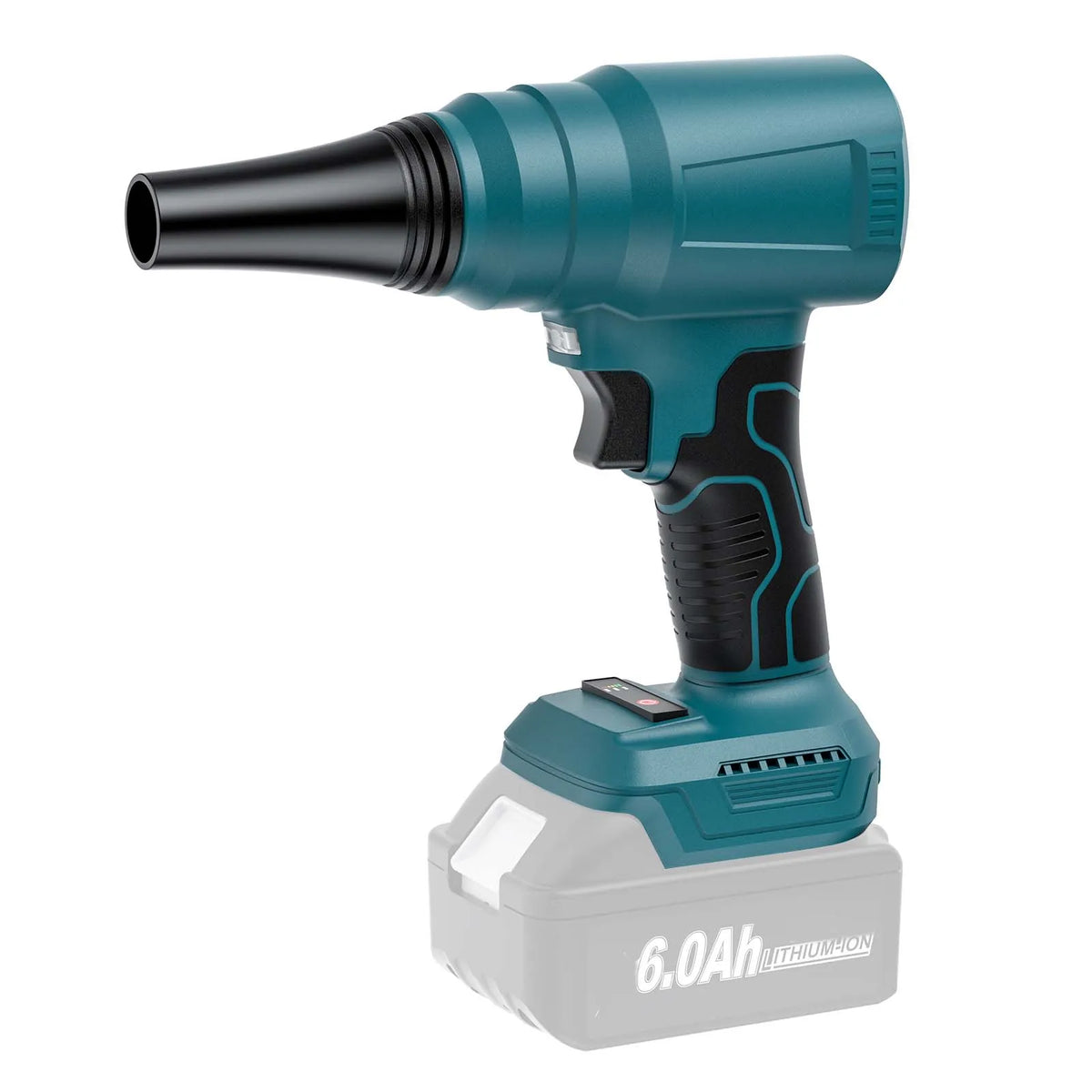 A teal cordless electric air blower tool with a black finish and a battery base.