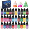 A collection of liquid candle dye kits in various vibrant colors including violet, blue, green, and pink.