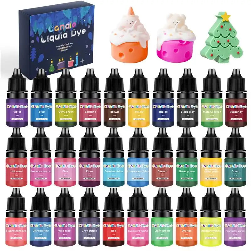 A collection of liquid candle dye kits in various vibrant colors including violet, blue, green, and pink.