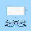 A pair of black eyeglasses is shown next to a rectangular package of lens cleaning wipes.