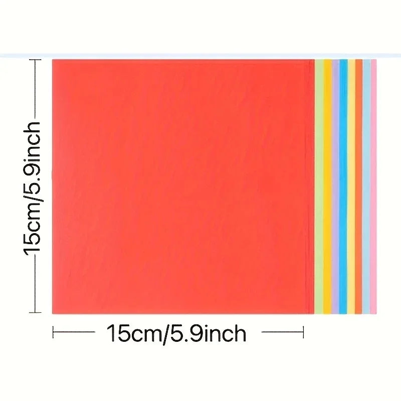 A sheet of bright coral orange origami cardstock paper with a vertical strip of ten colored paper edges.