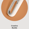 A white folding umbrella with a creative buckle design shown against a beige background.