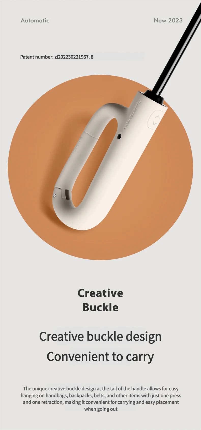 A white folding umbrella with a creative buckle design shown against a beige background.
