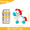 A white horse-themed rattle toy with a pink mane and tail is shown next to its corresponding aluminum can.