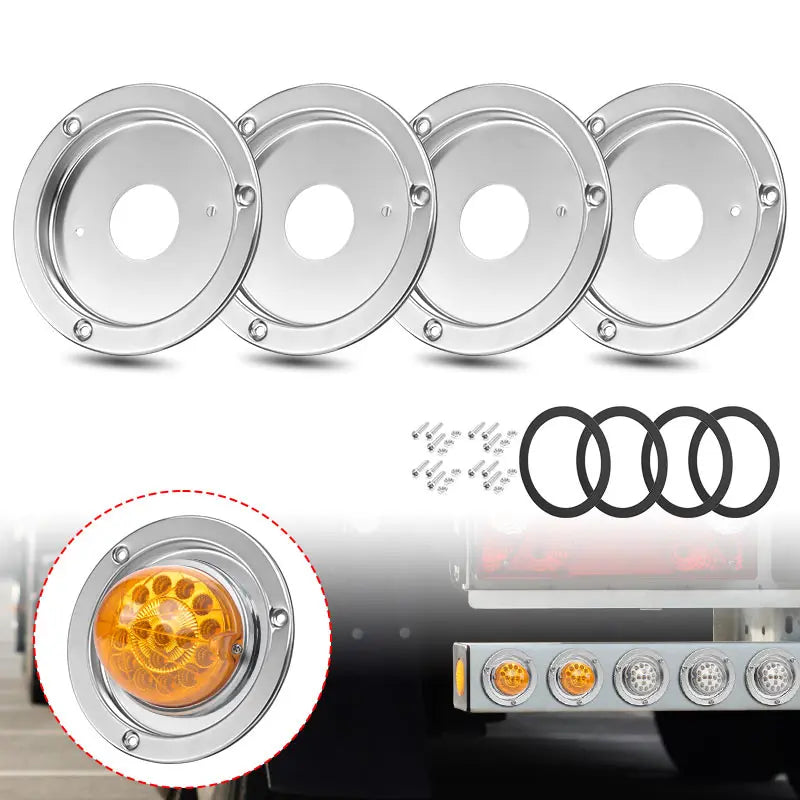 Four stainless steel mounting brackets for watermelon lights, shown alongside an installed light assembly.