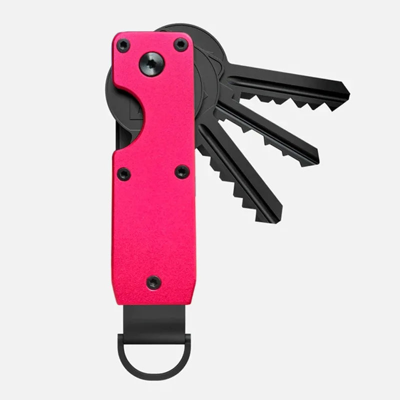 A pink minimalist aluminum key organizer holding several black keys.