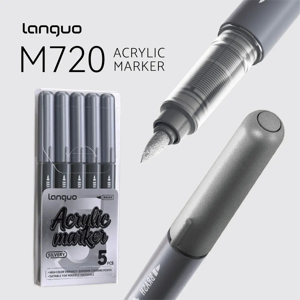 A silver Languo M720 acrylic marker set with five markers shown alongside a single marker tip.