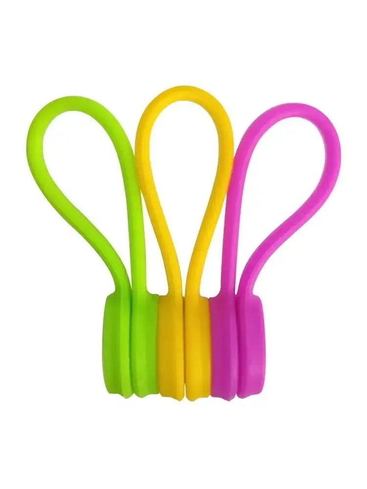 A pack of three bright silicone magnetic cable ties in lime green, yellow, and purple.