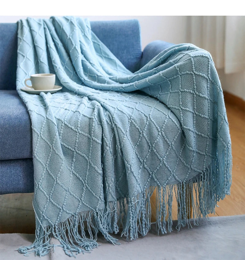 Khaki Knitted Throw Blanket with Tassels