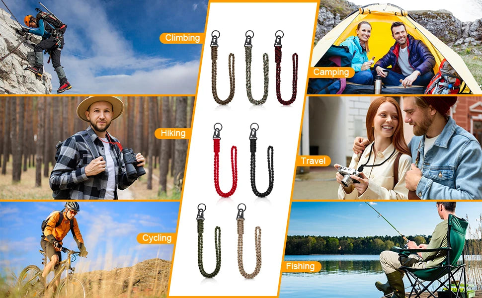 Various heavy duty paracord neck lanyards with metal clips shown in outdoor activities like climbing, hiking, cycling, and fi