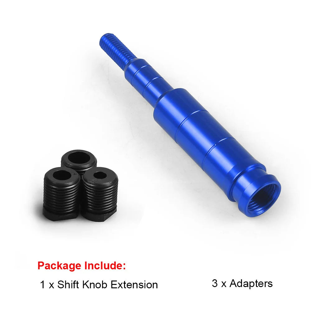 A blue aluminum shift knob extension and three black adapters for a vehicle