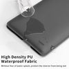 A dark gray PU fabric laptop sleeve is shown with a glass resting on top, highlighting its waterproof fabric quality.