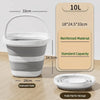 A white collapsible bucket shown in its deployed state and folded flat for storage, with capacity details displayed.