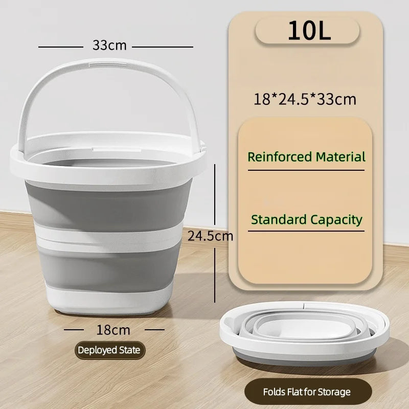 A white collapsible bucket shown in its deployed state and folded flat for storage, with capacity details displayed.
